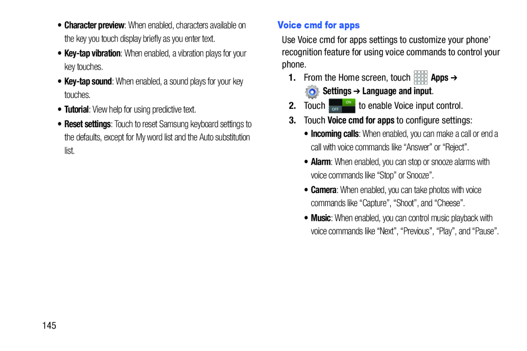 Verizon GH68-36971A manual Voice cmd for apps, Touch to enable Voice input control, 145 