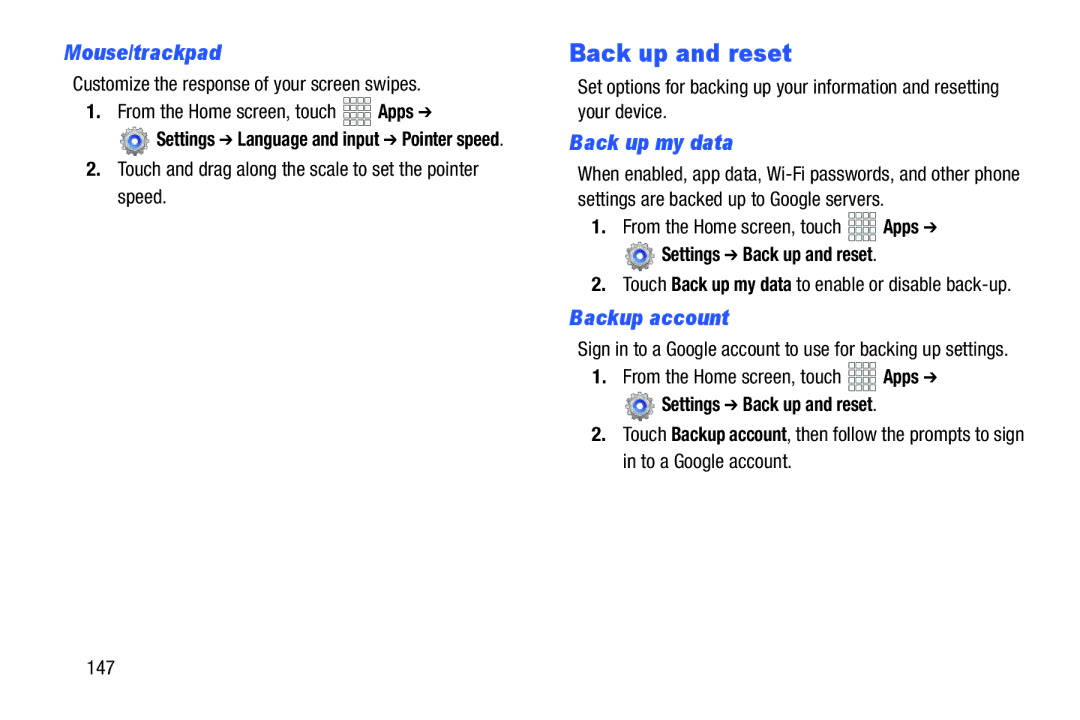 Verizon GH68-36971A manual Mouse/trackpad, Back up my data, Backup account, Settings Back up and reset 