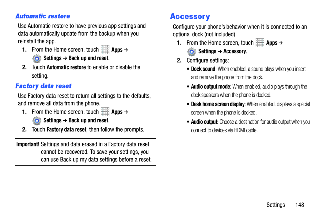 Verizon GH68-36971A manual Automatic restore, Factory data reset, Settings Accessory 