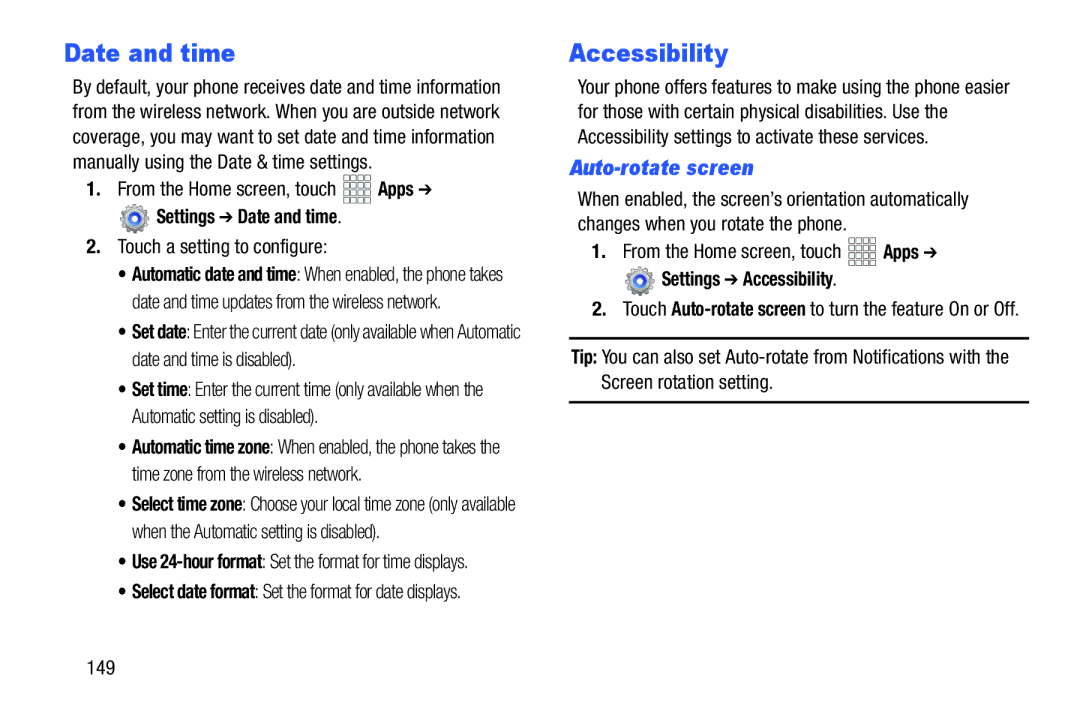 Verizon GH68-36971A manual Settings Date and time, Settings Accessibility 