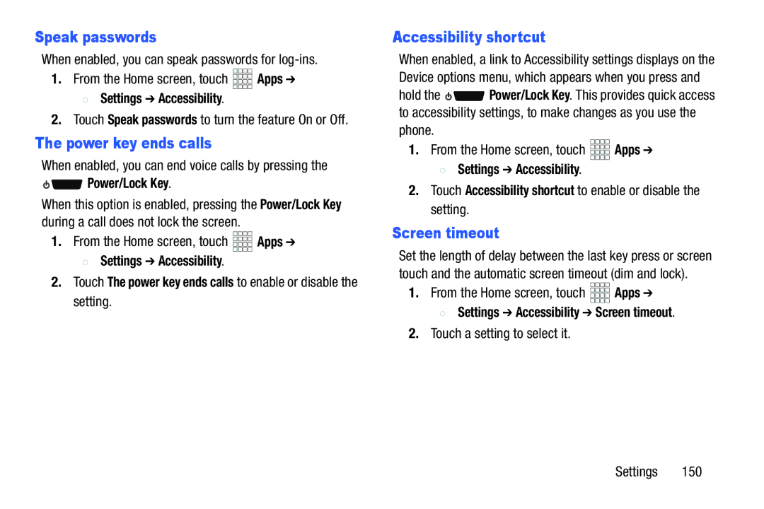 Verizon GH68-36971A Speak passwords, Power key ends calls, Accessibility shortcut, Touch a setting to select it Settings 