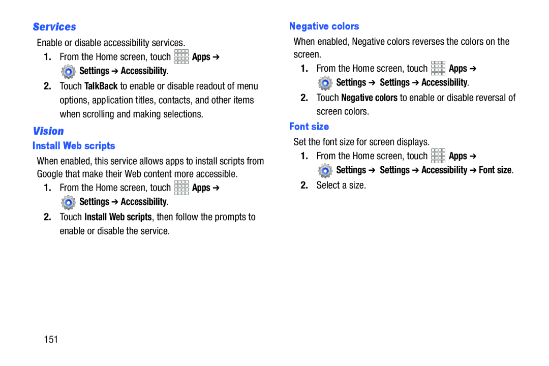 Verizon GH68-36971A manual Services, Vision, Install Web scripts, Negative colors, Font size 