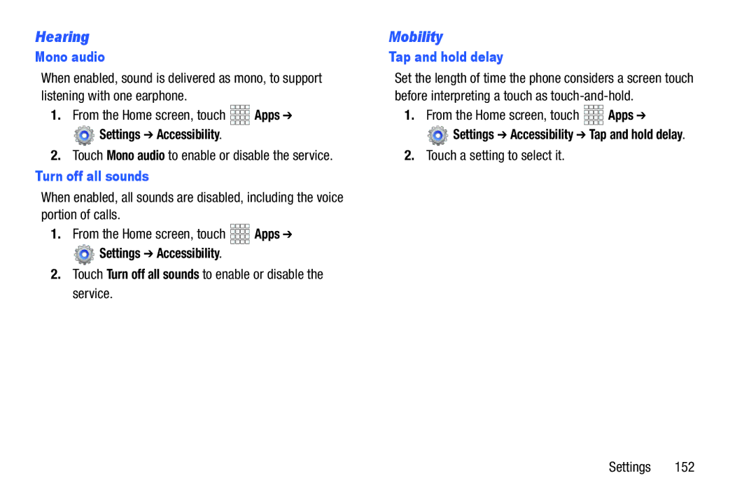 Verizon GH68-36971A manual Hearing, Mobility, Mono audio, Turn off all sounds, Tap and hold delay 