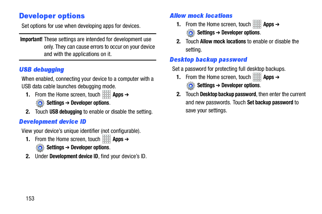 Verizon GH68-36971A Developer options, USB debugging, Development device ID, Allow mock locations, Desktop backup password 