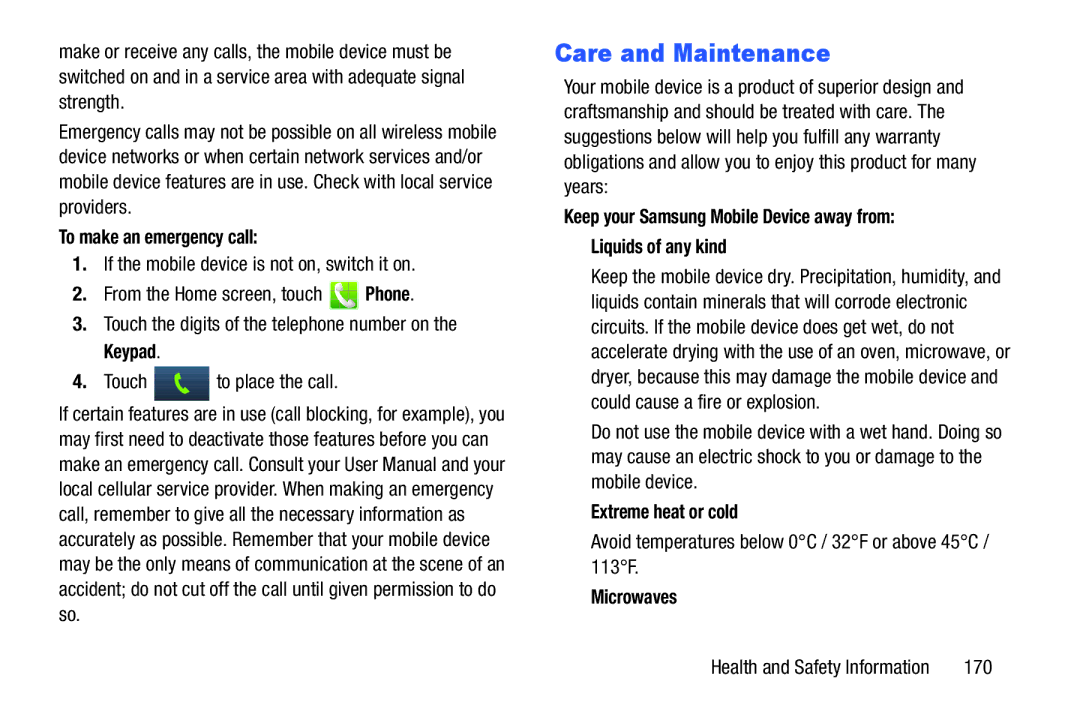 Verizon GH68-36971A manual Care and Maintenance, To make an emergency call, Extreme heat or cold, Microwaves 