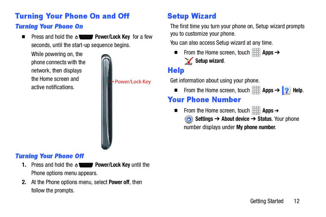 Verizon GH68-36971A manual Turning Your Phone On and Off, Setup Wizard, Help, Your Phone Number 