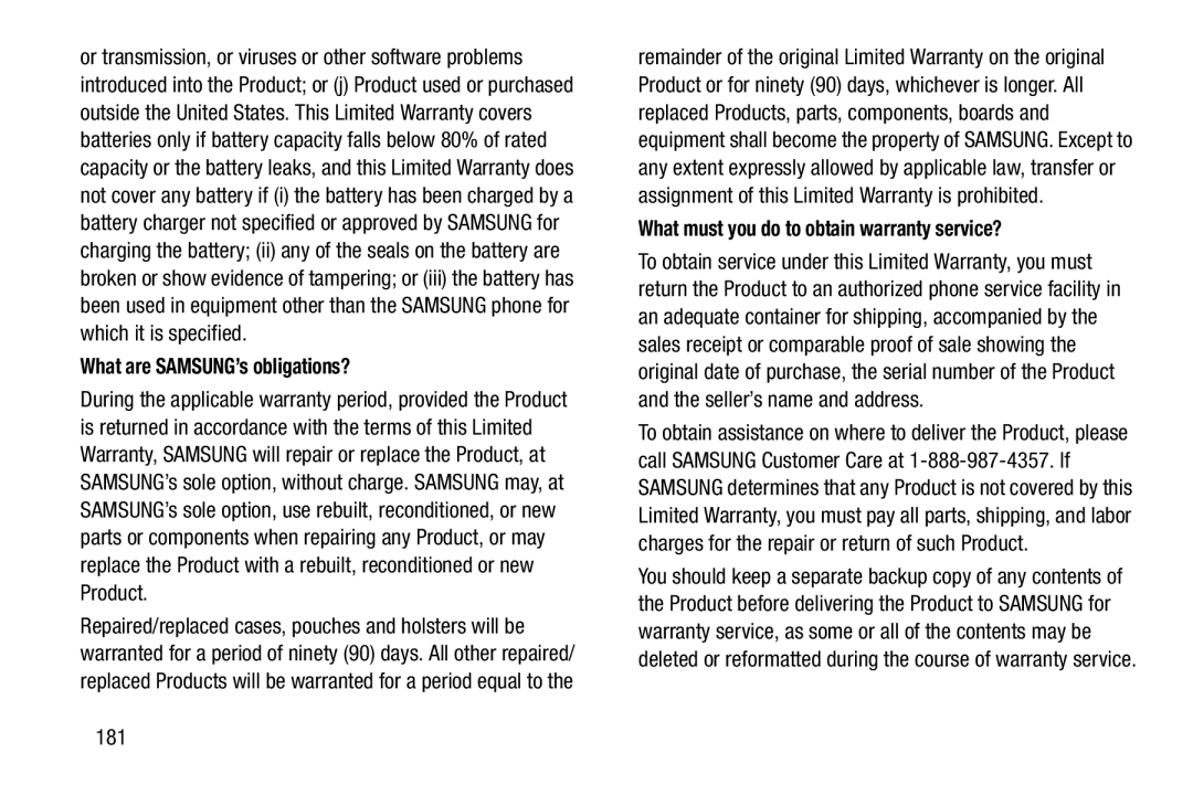 Verizon GH68-36971A manual What are SAMSUNG’s obligations?, What must you do to obtain warranty service?, 181 