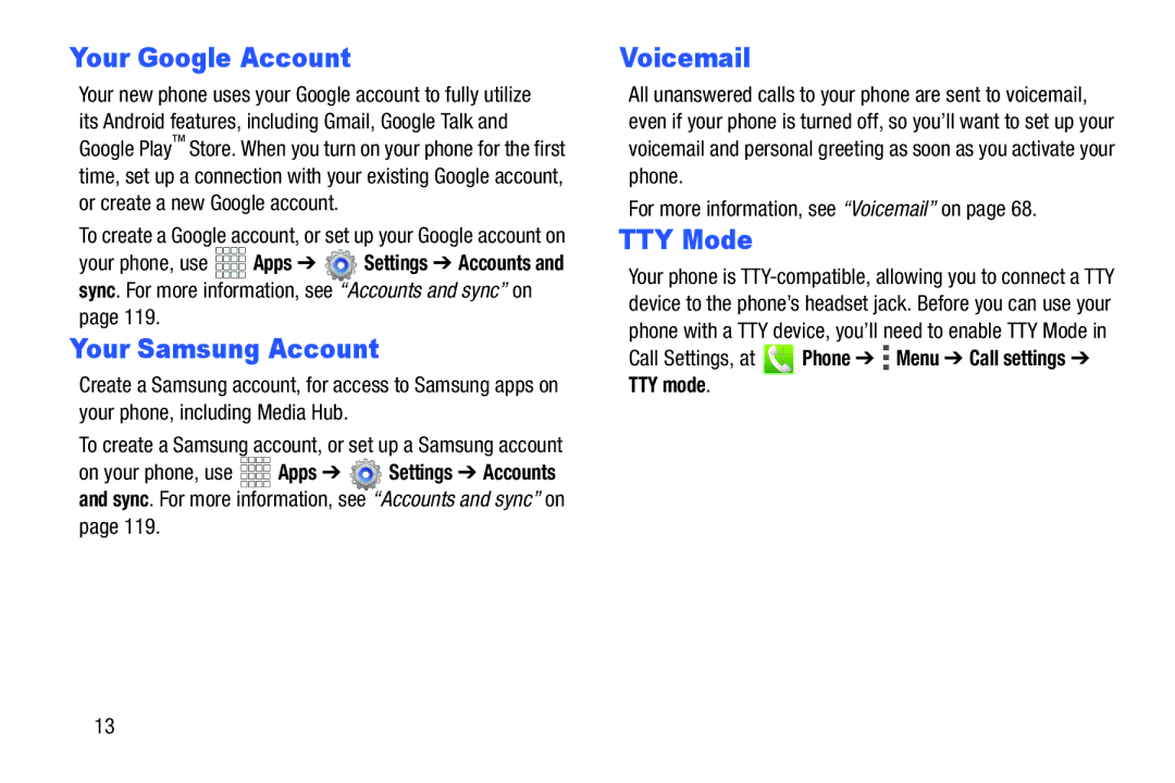 Verizon GH68-36971A manual Your Google Account, Your Samsung Account, Voicemail, TTY Mode, Your phone, use Apps 