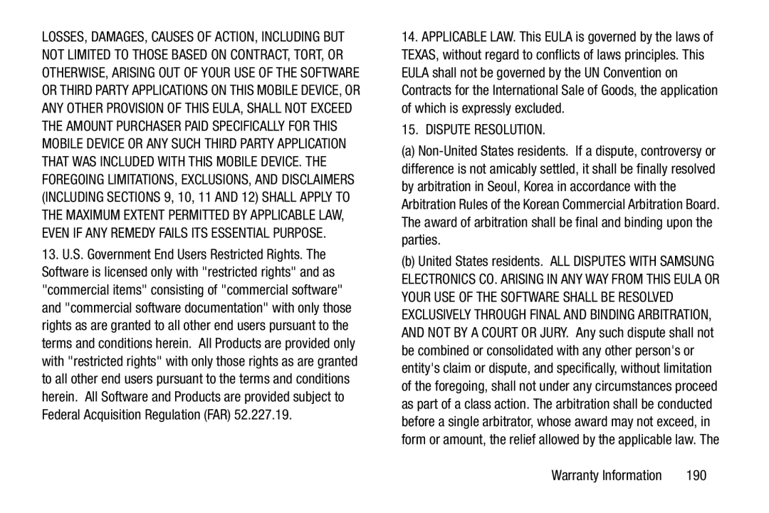 Verizon GH68-36971A manual Dispute Resolution, 190 