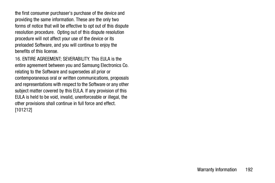 Verizon GH68-36971A manual Entire Agreement SEVERABILITY. This Eula is, 192 