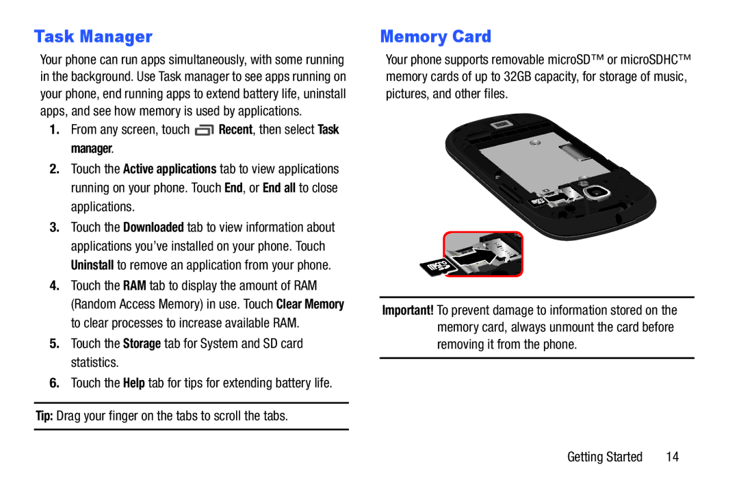 Verizon GH68-36971A manual Task Manager, Memory Card, Touch the Storage tab for System and SD card statistics 