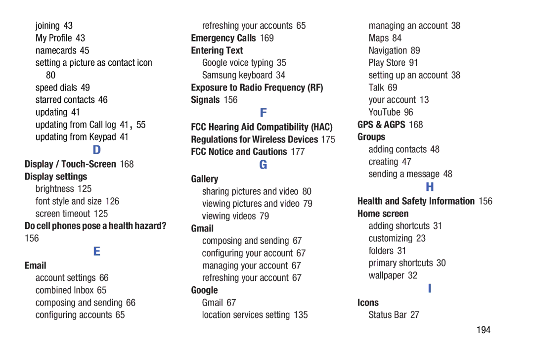 Verizon GH68-36971A Display / Touch-Screen Display settings, Emergency Calls Entering Text, Google, GPS & Agps Groups 