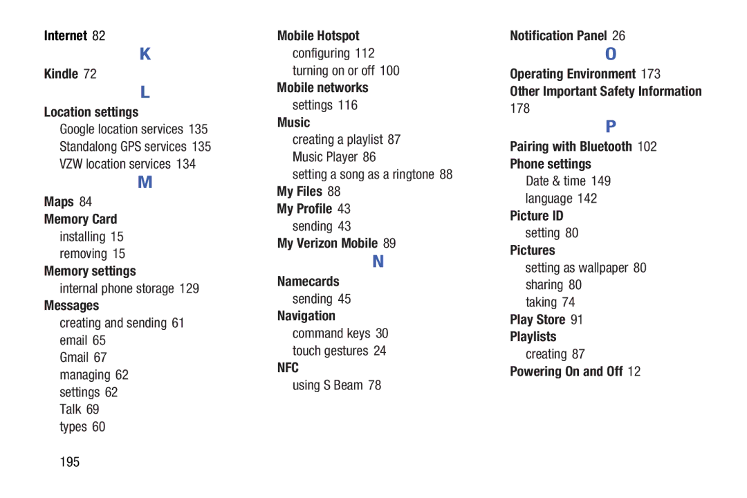 Verizon GH68-36971A Internet Kindle Location settings, Maps Memory Card, Memory settings, Messages, Mobile networks, Music 