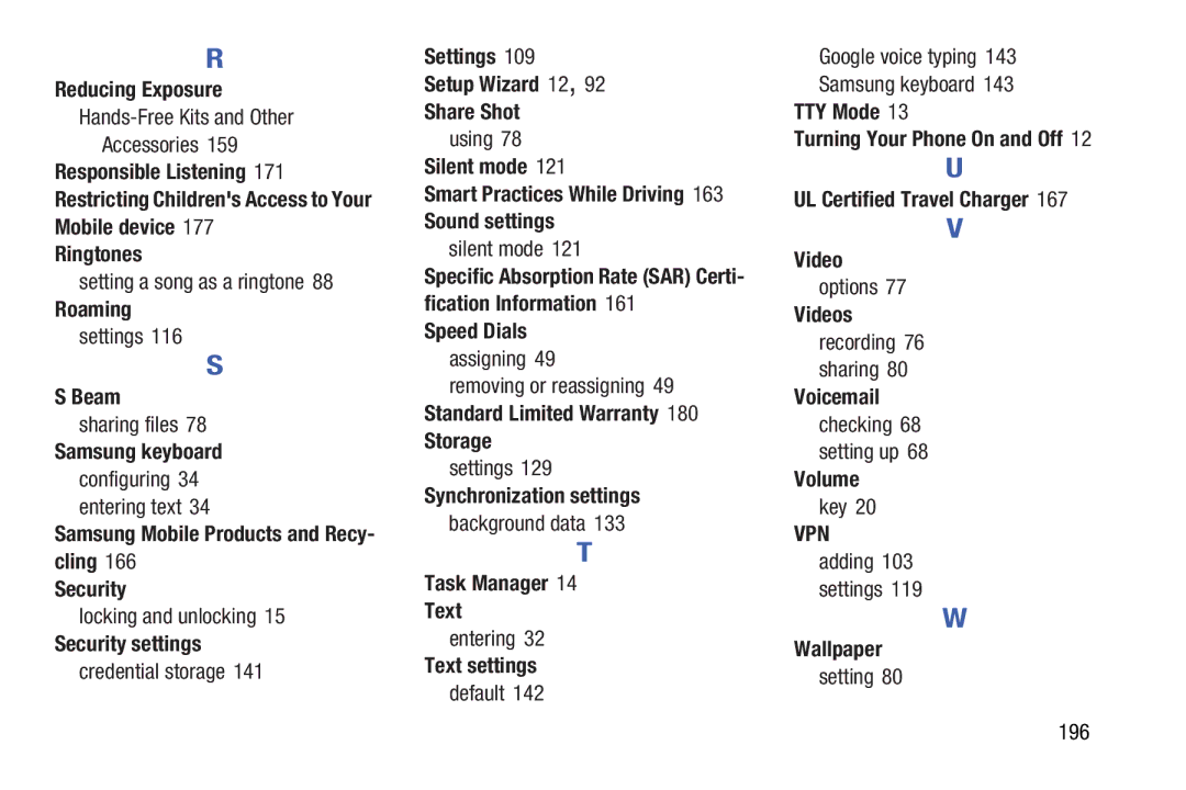 Verizon GH68-36971A Reducing Exposure, Responsible Listening, Ringtones, Roaming, Beam, Samsung keyboard, Silent mode 