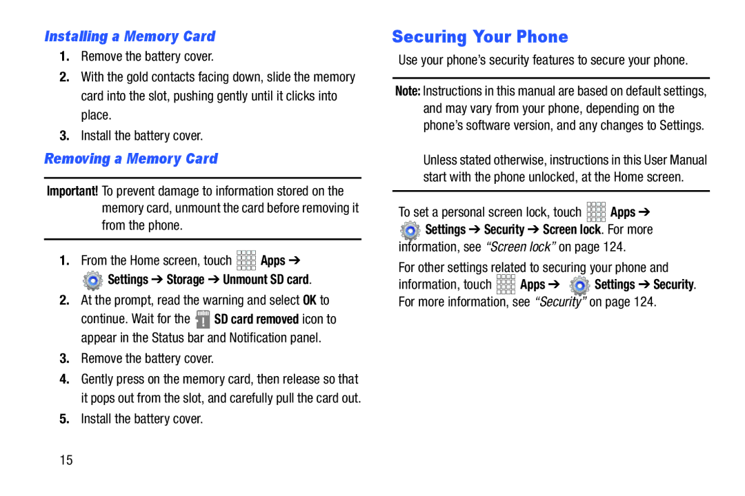 Verizon GH68-36971A manual Securing Your Phone, Installing a Memory Card, Removing a Memory Card 