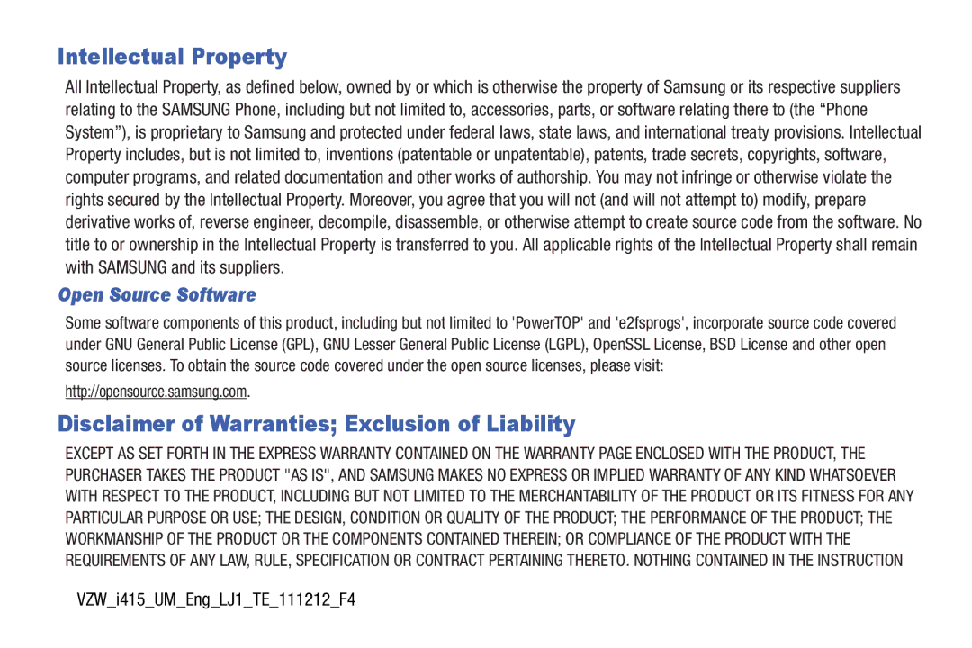 Verizon GH68-36971A manual Intellectual Property, Disclaimer of Warranties Exclusion of Liability, Open Source Software 