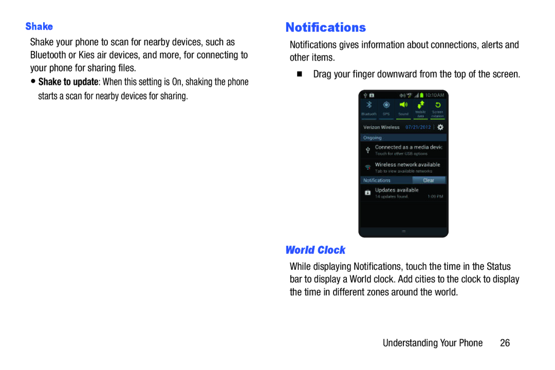 Verizon GH68-36971A manual Notifications, World Clock, Shake,  Drag your finger downward from the top of the screen 