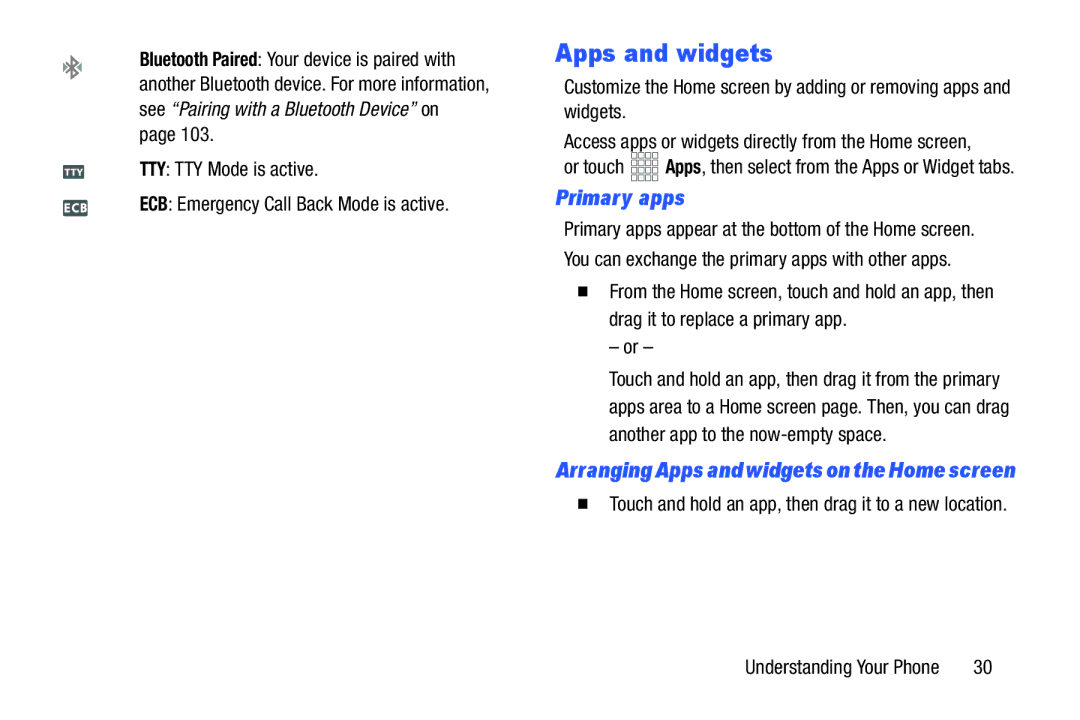 Verizon GH68-36971A manual Apps and widgets, Primary apps 