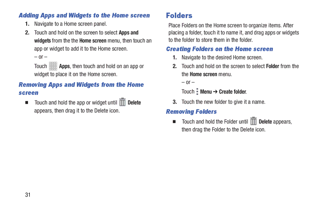 Verizon GH68-36971A manual Removing Apps and Widgets from the Home screen, Creating Folders on the Home screen 