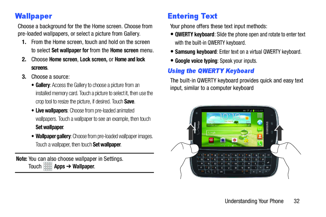 Verizon GH68-36971A manual Entering Text, Using the Qwerty Keyboard, Touch Apps Wallpaper 