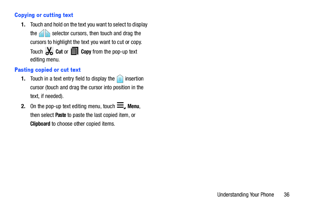 Verizon GH68-36971A Copying or cutting text, Touch and hold on the text you want to select to display, Text, if needed 