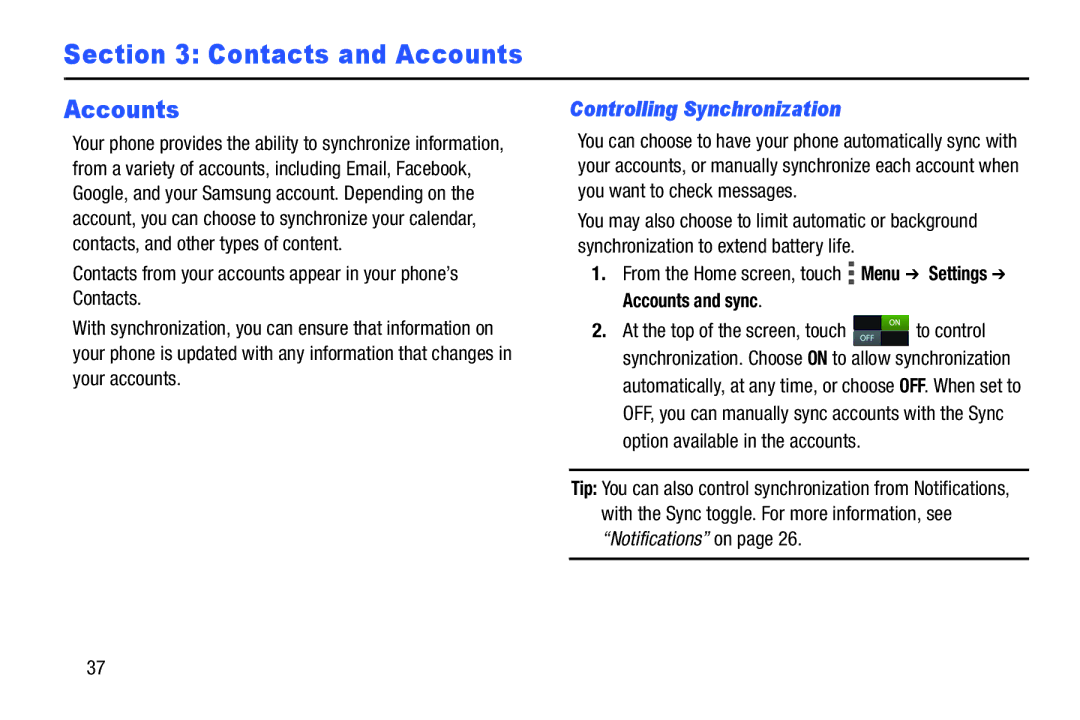 Verizon GH68-36971A manual Controlling Synchronization, From the Home screen, touch Menu Settings Accounts and sync 