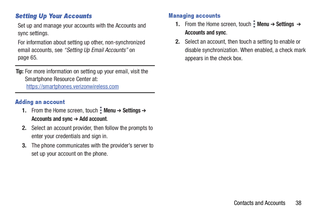 Verizon GH68-36971A manual Setting Up Your Accounts, Adding an account, Managing accounts 