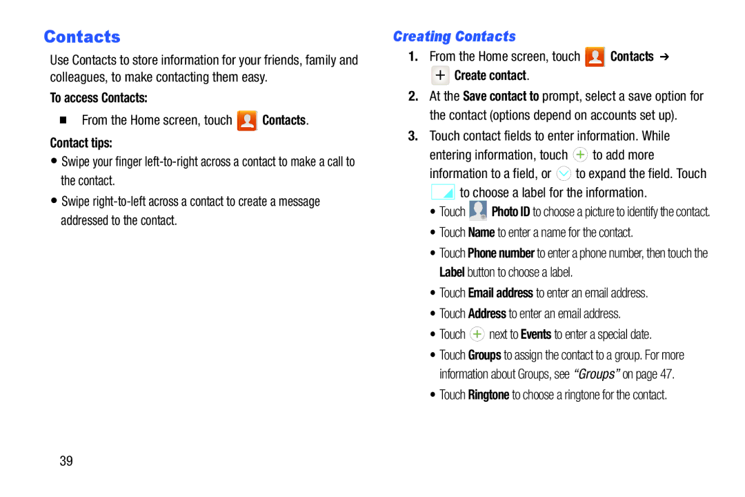 Verizon GH68-36971A manual Creating Contacts, To access Contacts, Contact tips, Create contact 