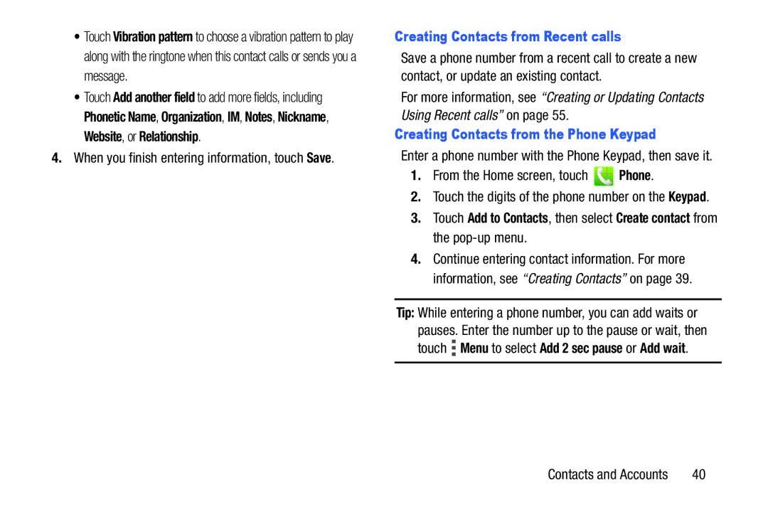 Verizon GH68-36971A manual When you finish entering information, touch Save, Creating Contacts from Recent calls 