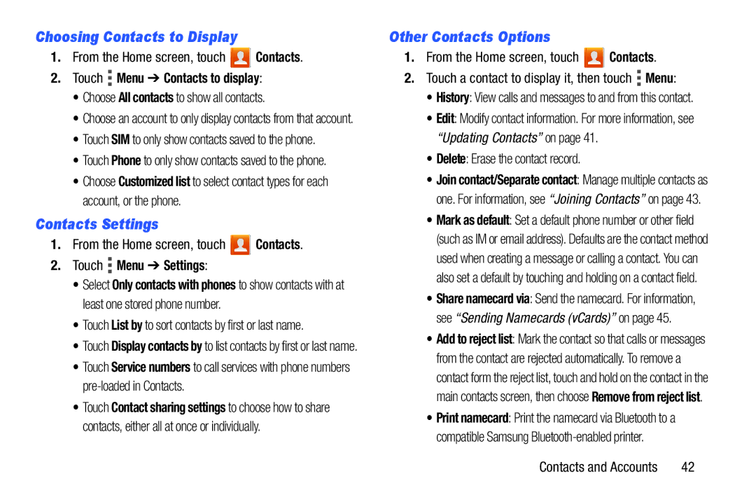 Verizon GH68-36971A manual Choosing Contacts to Display, Contacts Settings, Other Contacts Options, Touch Menu Settings 