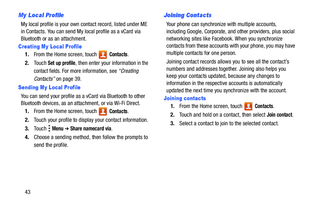 Verizon GH68-36971A manual Joining Contacts, Creating My Local Profile, Sending My Local Profile, Joining contacts 