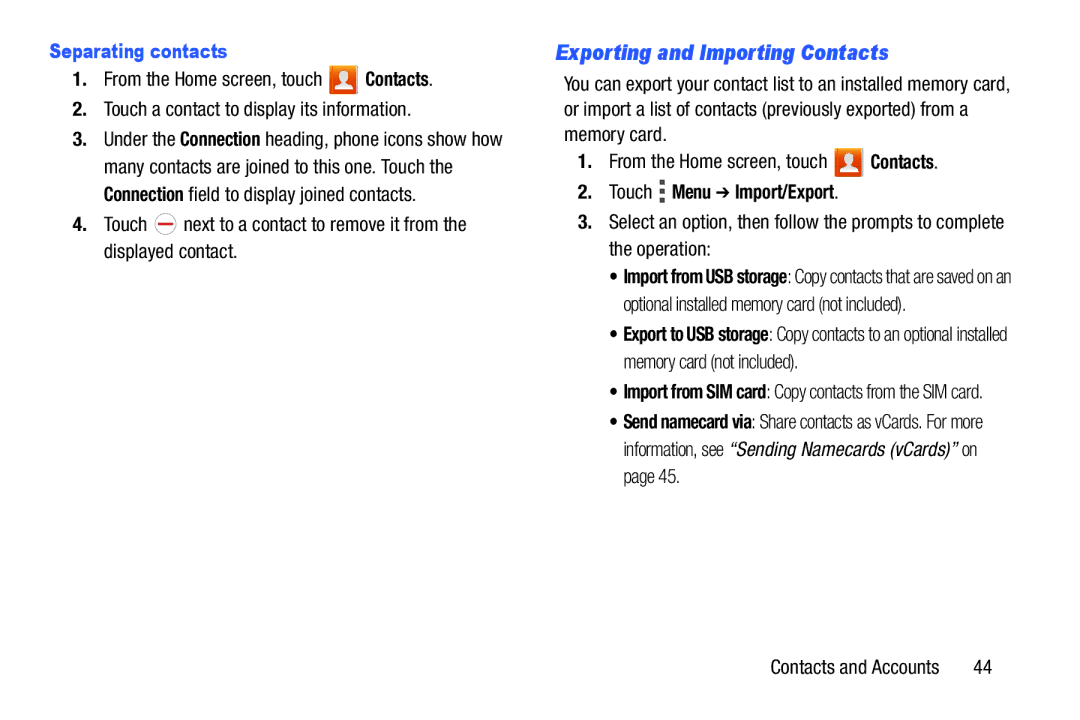 Verizon GH68-36971A manual Exporting and Importing Contacts, Separating contacts, Touch Menu Import/Export 