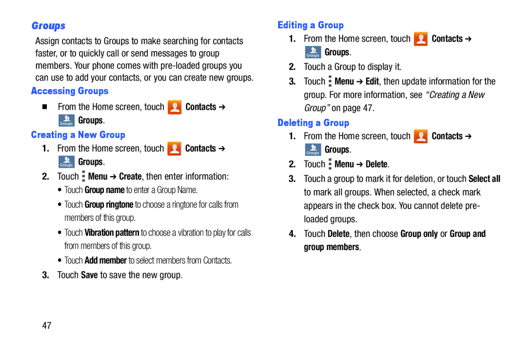 Verizon GH68-36971A manual Accessing Groups, Creating a New Group, Editing a Group, Deleting a Group 