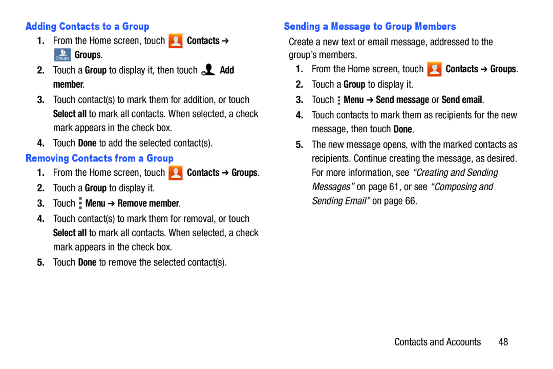 Verizon GH68-36971A manual Adding Contacts to a Group, Removing Contacts from a Group, Sending a Message to Group Members 