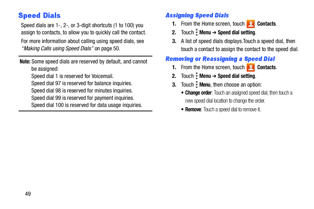 Verizon GH68-36971A manual Assigning Speed Dials, Removing or Reassigning a Speed Dial, Touch Menu Speed dial setting 