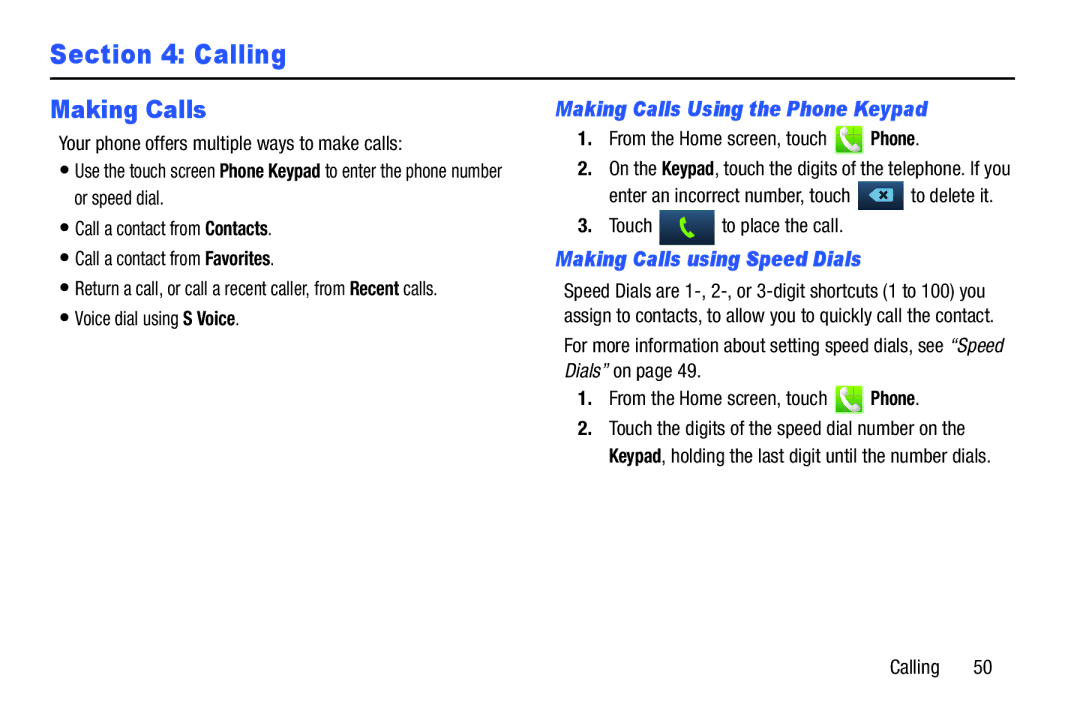 Verizon GH68-36971A Making Calls Using the Phone Keypad, Making Calls using Speed Dials, Voice dial using S Voice 