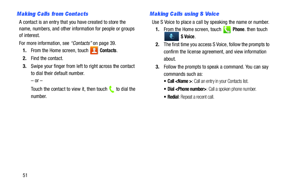 Verizon GH68-36971A manual Making Calls from Contacts, Making Calls using S Voice, Redial Repeat a recent call 