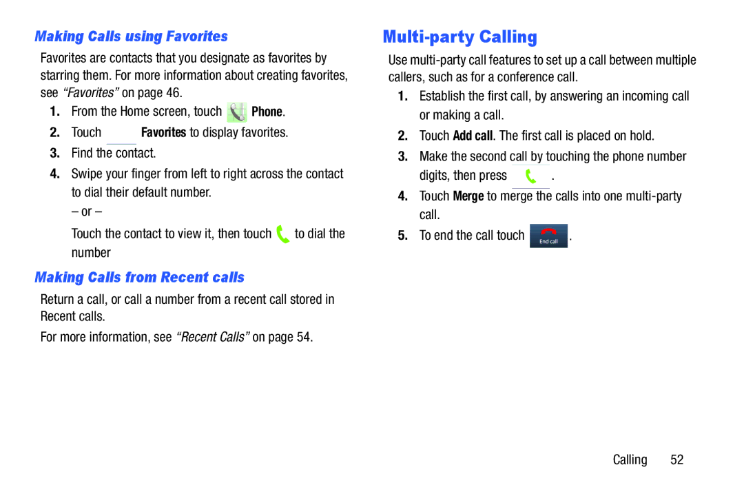 Verizon GH68-36971A manual Multi-party Calling, Making Calls using Favorites, Making Calls from Recent calls 