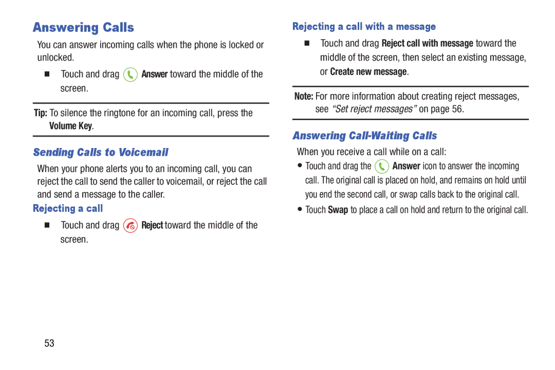 Verizon GH68-36971A manual Answering Calls, Sending Calls to Voicemail, Answering Call-Waiting Calls, Rejecting a call 