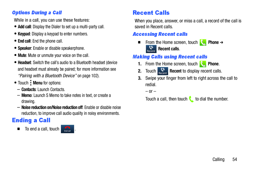 Verizon GH68-36971A manual Ending a Call, Recent Calls, Options During a Call, Accessing Recent calls 