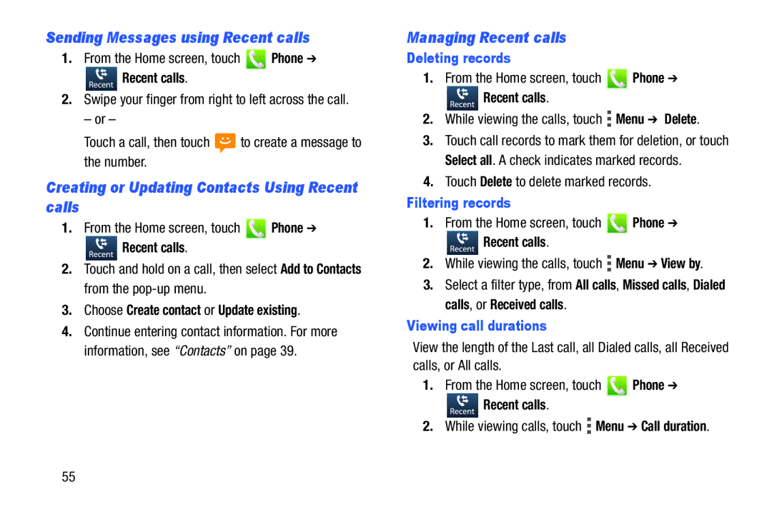 Verizon GH68-36971A manual Sending Messages using Recent calls, Creating or Updating Contacts Using Recent calls 