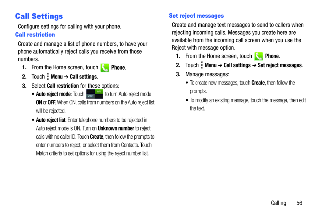 Verizon GH68-36971A manual Call Settings, Call restriction, Touch Menu Call settings, Set reject messages 