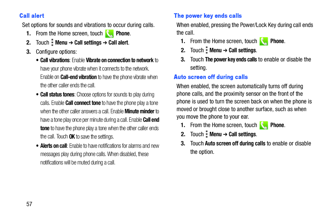 Verizon GH68-36971A manual Touch Menu Call settings Call alert, Configure options, Power key ends calls 