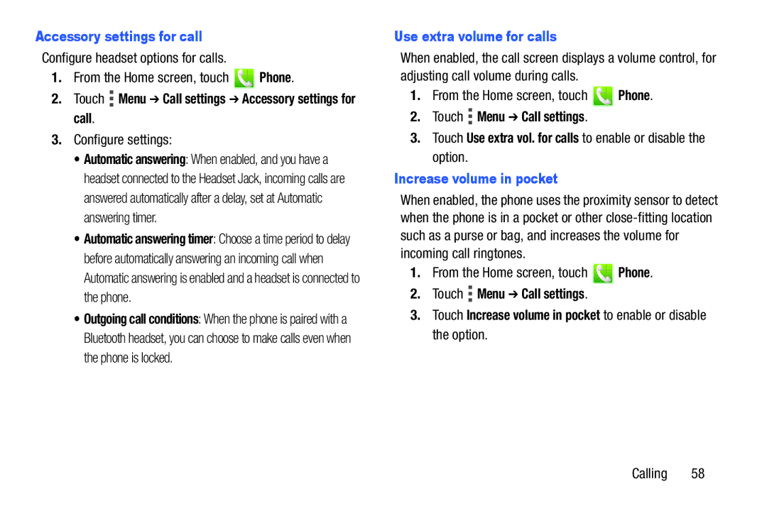 Verizon GH68-36971A manual Touch Menu Call settings Accessory settings for call, Configure settings 