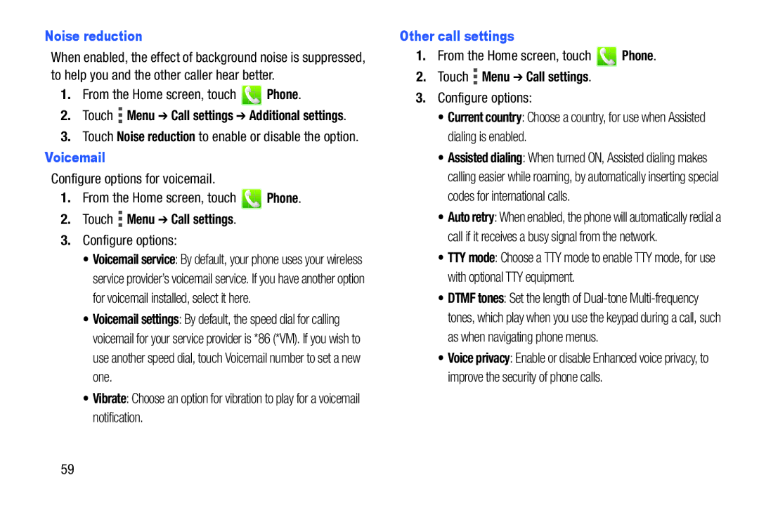 Verizon GH68-36971A manual Noise reduction, Voicemail, Other call settings 