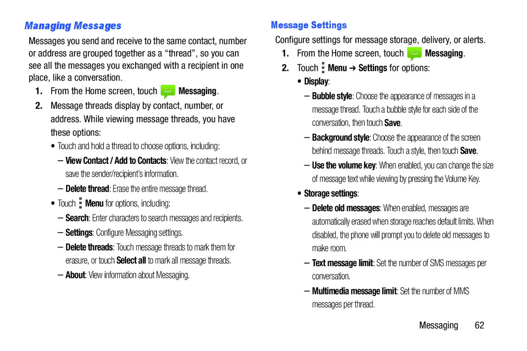 Verizon GH68-36971A manual Managing Messages, Message Settings, Display, Storage settings 