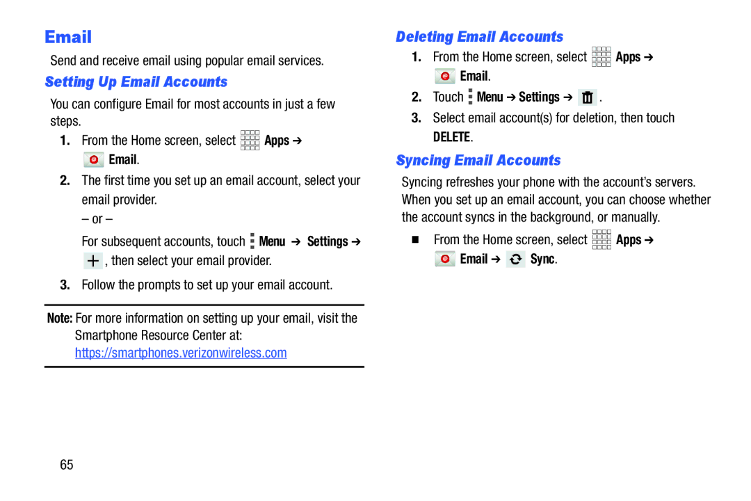 Verizon GH68-36971A manual Setting Up Email Accounts, Deleting Email Accounts, Syncing Email Accounts, Email Sync 