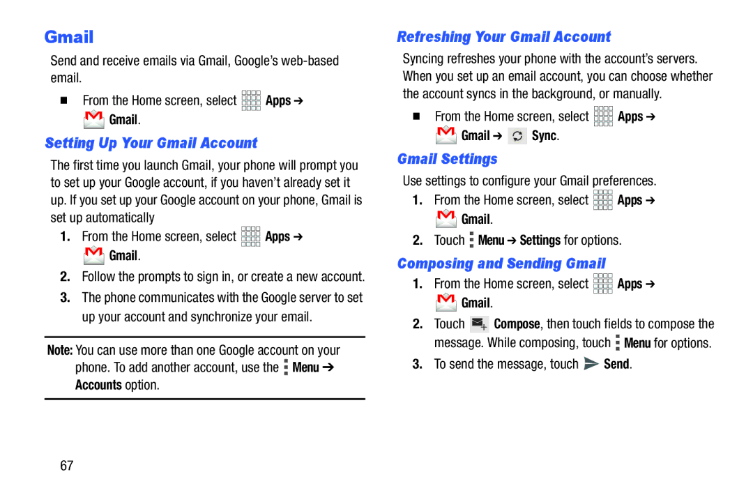Verizon GH68-36971A manual Setting Up Your Gmail Account, Refreshing Your Gmail Account, Gmail Settings 
