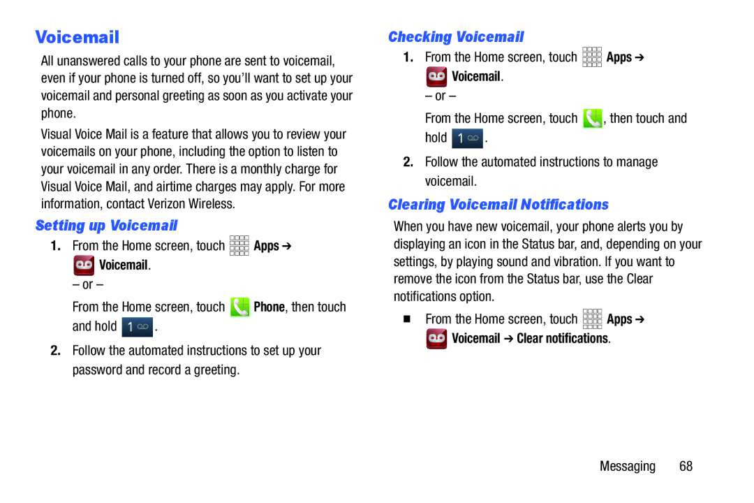 Verizon GH68-36971A manual Setting up Voicemail, Checking Voicemail, Clearing Voicemail Notifications 