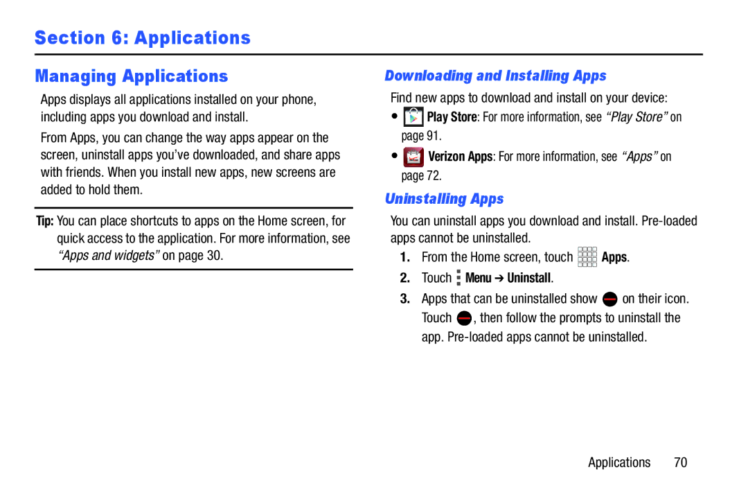 Verizon GH68-36971A manual Managing Applications, Downloading and Installing Apps, Uninstalling Apps, Touch Menu Uninstall 